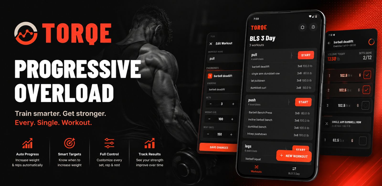 Torqe Progressive Overload App — Set targets, track actuals, increase weight when you earn it
