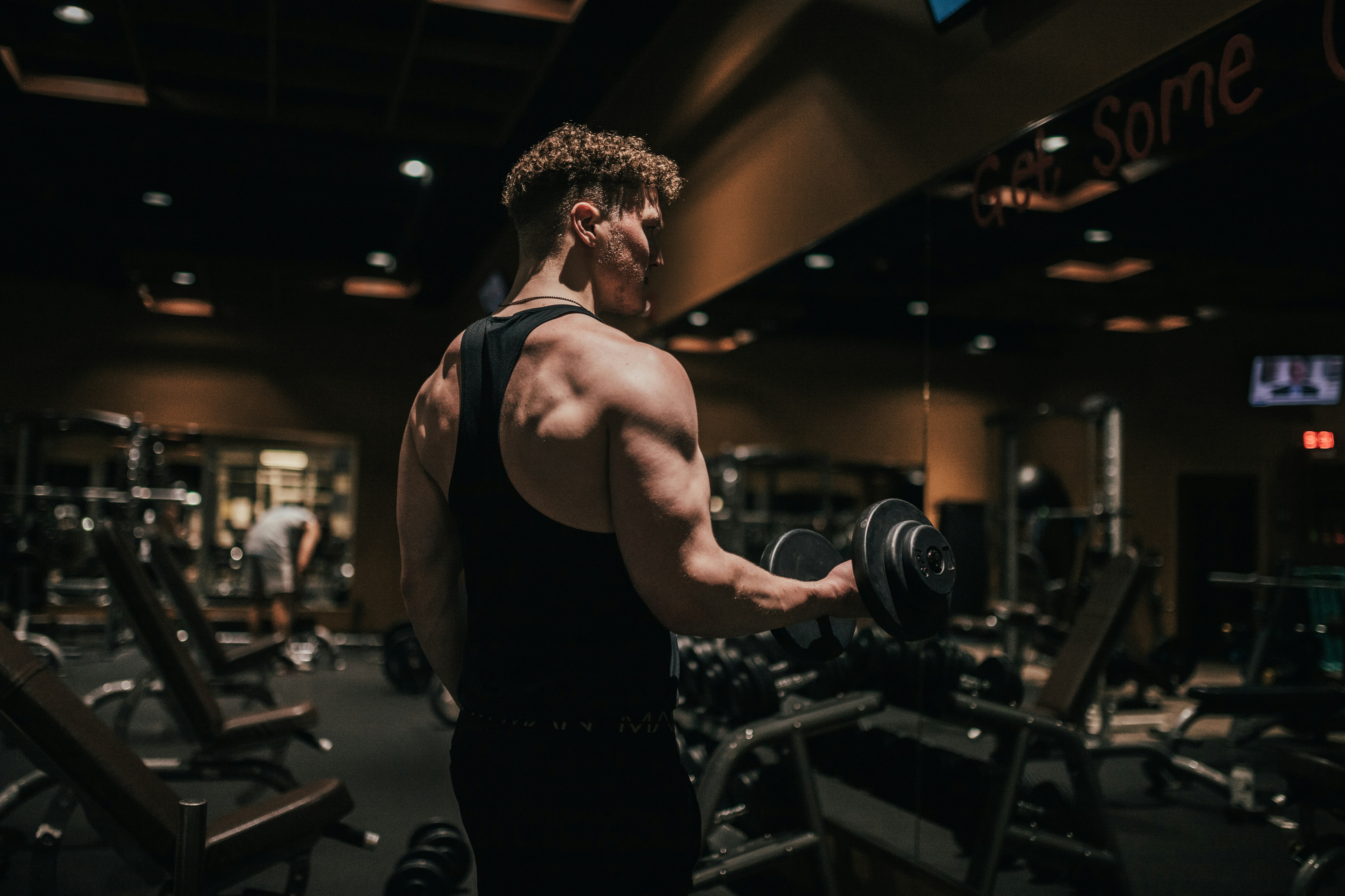 Lifter performing dumbbell curls in a gym — intermediate training